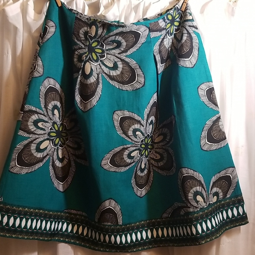 East 5th Teal and Black Floral A-Line Skirt